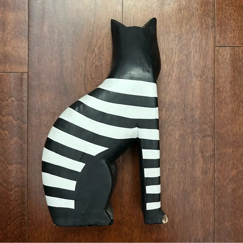 Laurel Burch Style Vintage Pair of Striped Black and White Cat Wooden Figurines